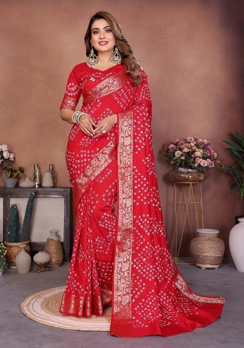 Red Blended Viscose Saree Set