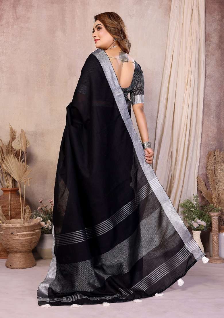 Black Blended Linen Saree Set for Diwali | Wedding & Festive Wear - Indya