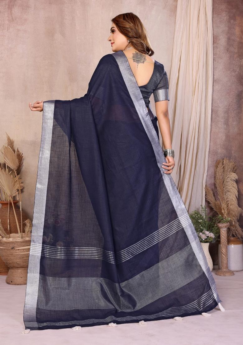 Navy Blue Blended Linen Saree Set - Indya