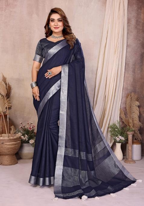 Navy Blue Blended Linen Saree Set