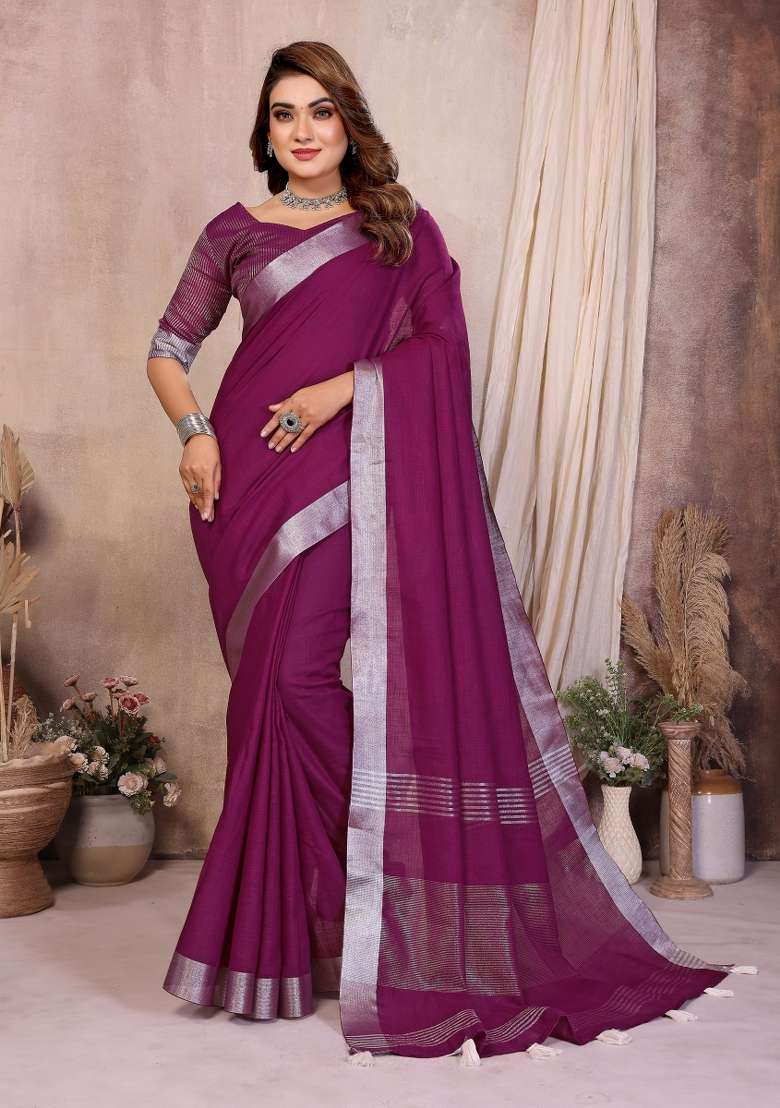 Purple Blended Linen Saree Set for Diwali and Festive Wear - Indya