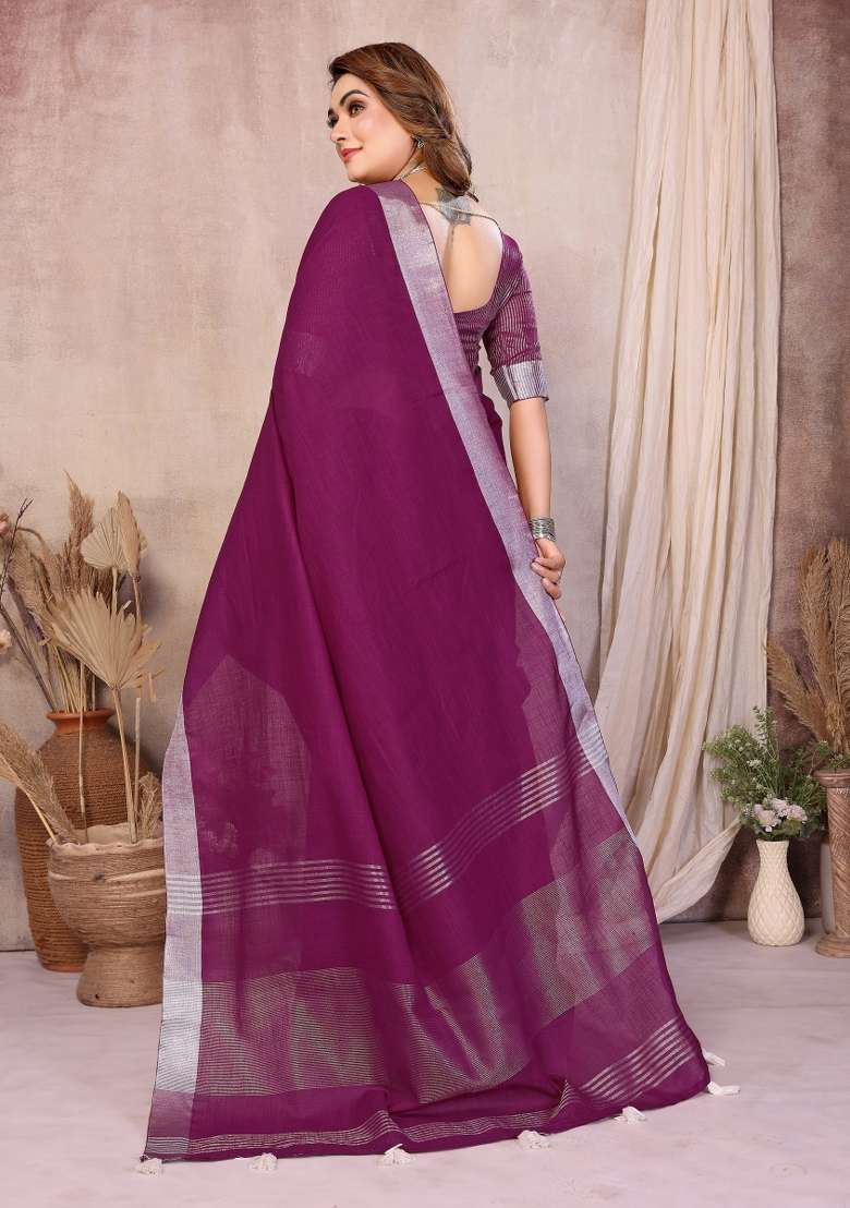 Purple Blended Linen Saree Set for Diwali and Festive Wear - Indya