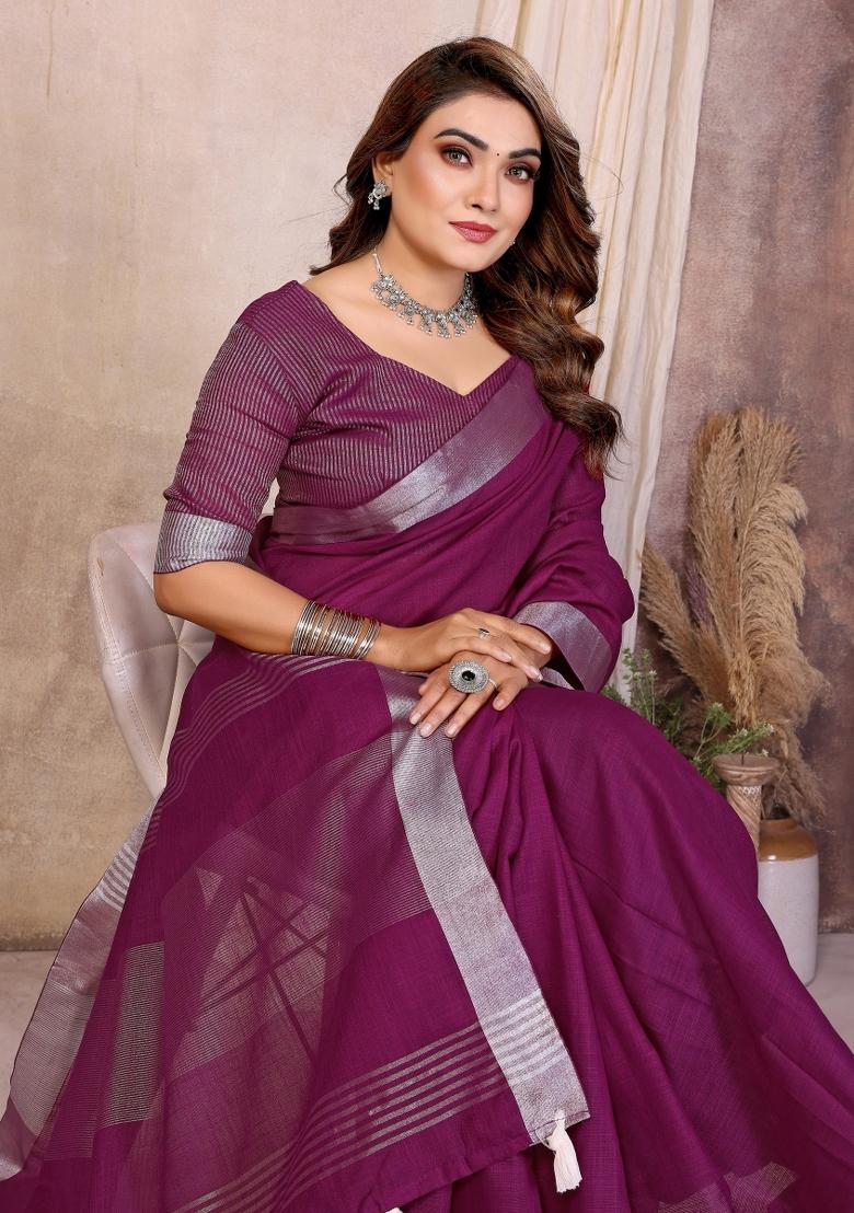Purple Blended Linen Saree Set - Indya