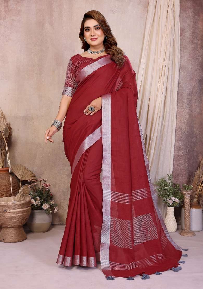Red Blended Linen Saree Set for Diwali and Festive Wear - Indya