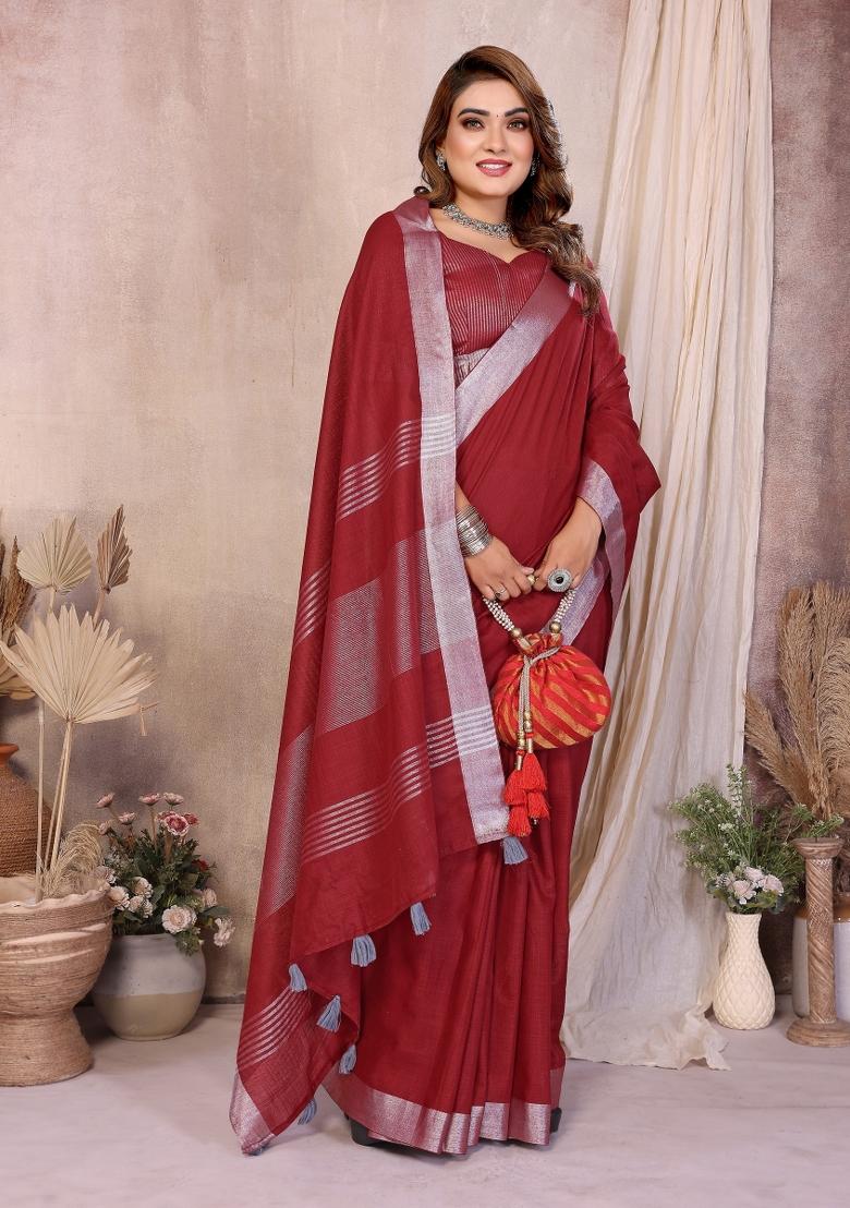 Red Blended Linen Saree Set - Indya