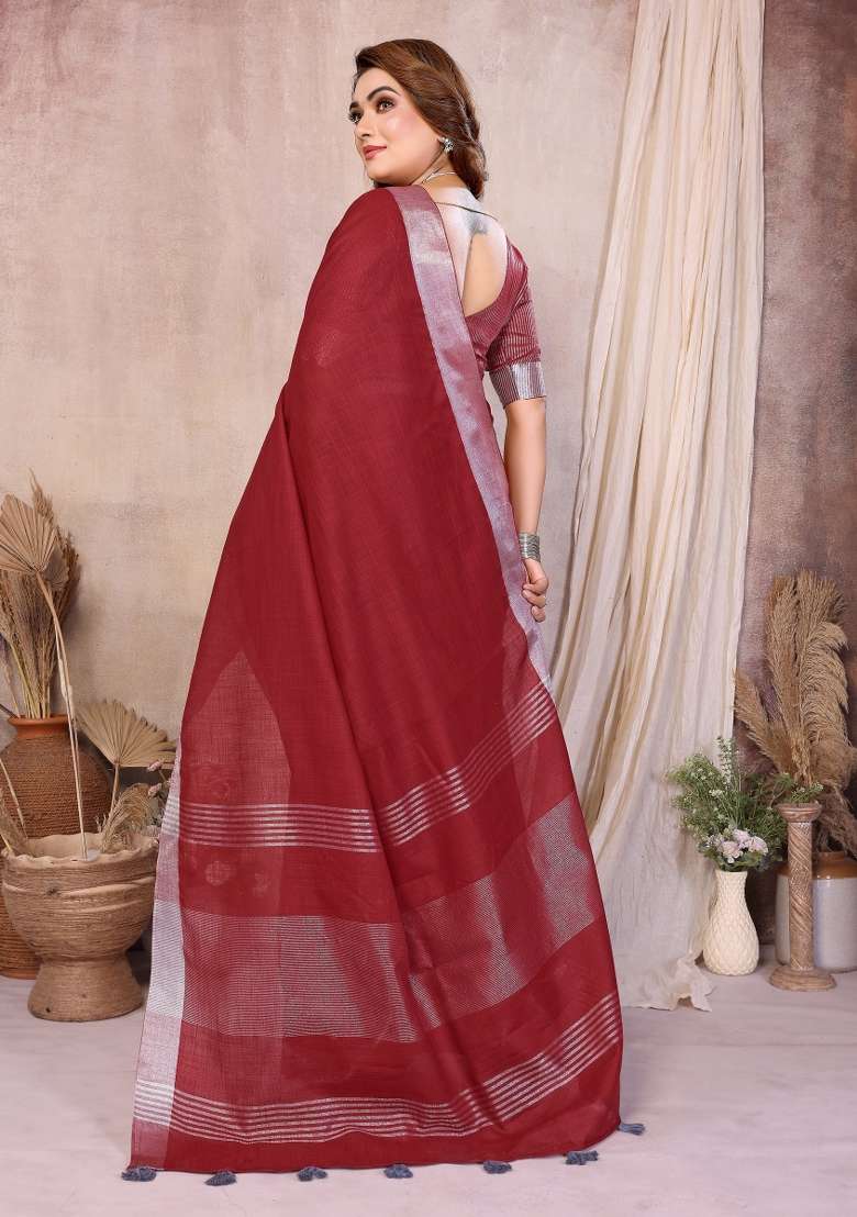 Red Blended Linen Saree Set for Diwali and Festive Wear - Indya