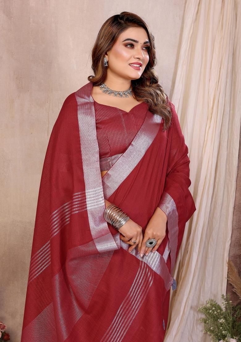 Red Blended Linen Saree Set - Indya