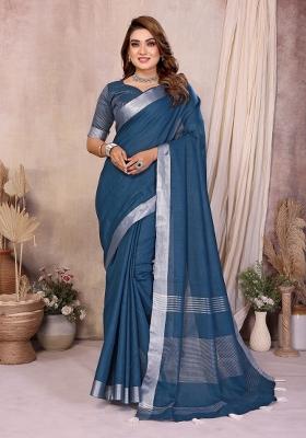 Teal Blended Linen Saree Set