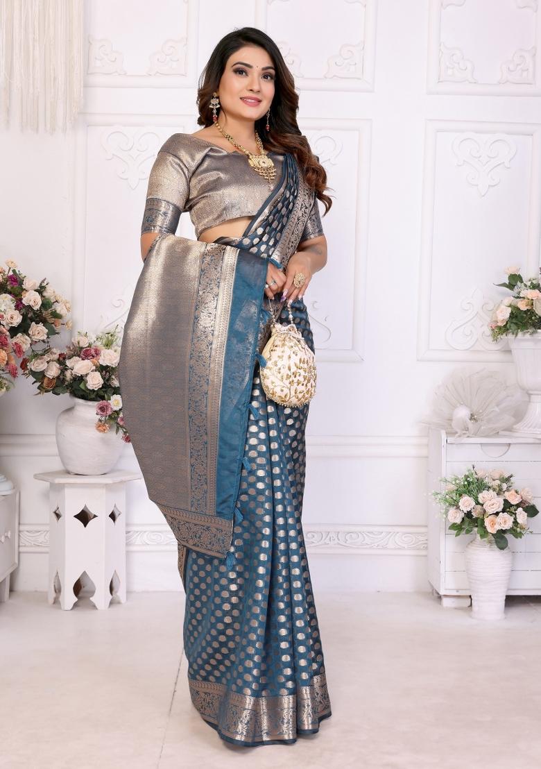 Blue Blended Organza Saree Set - Indya