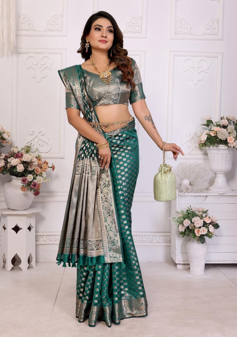 Green Blended Organza Saree Set - Indya