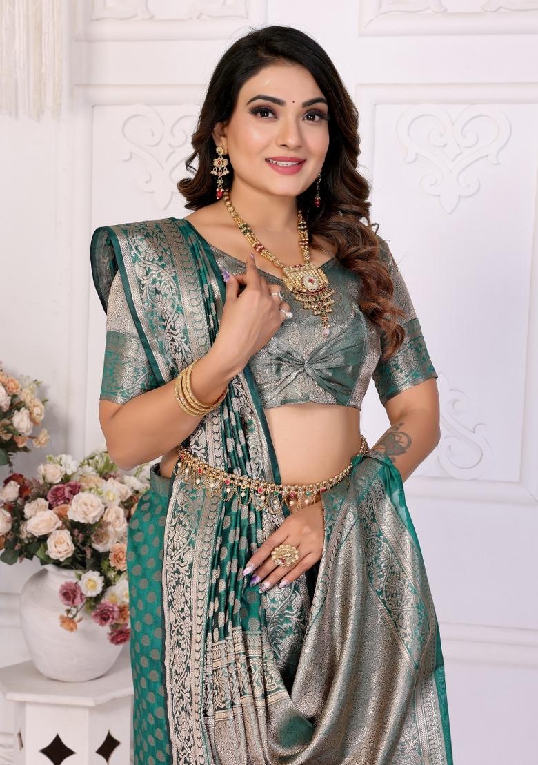 Green Blended Organza Saree Set - Indya
