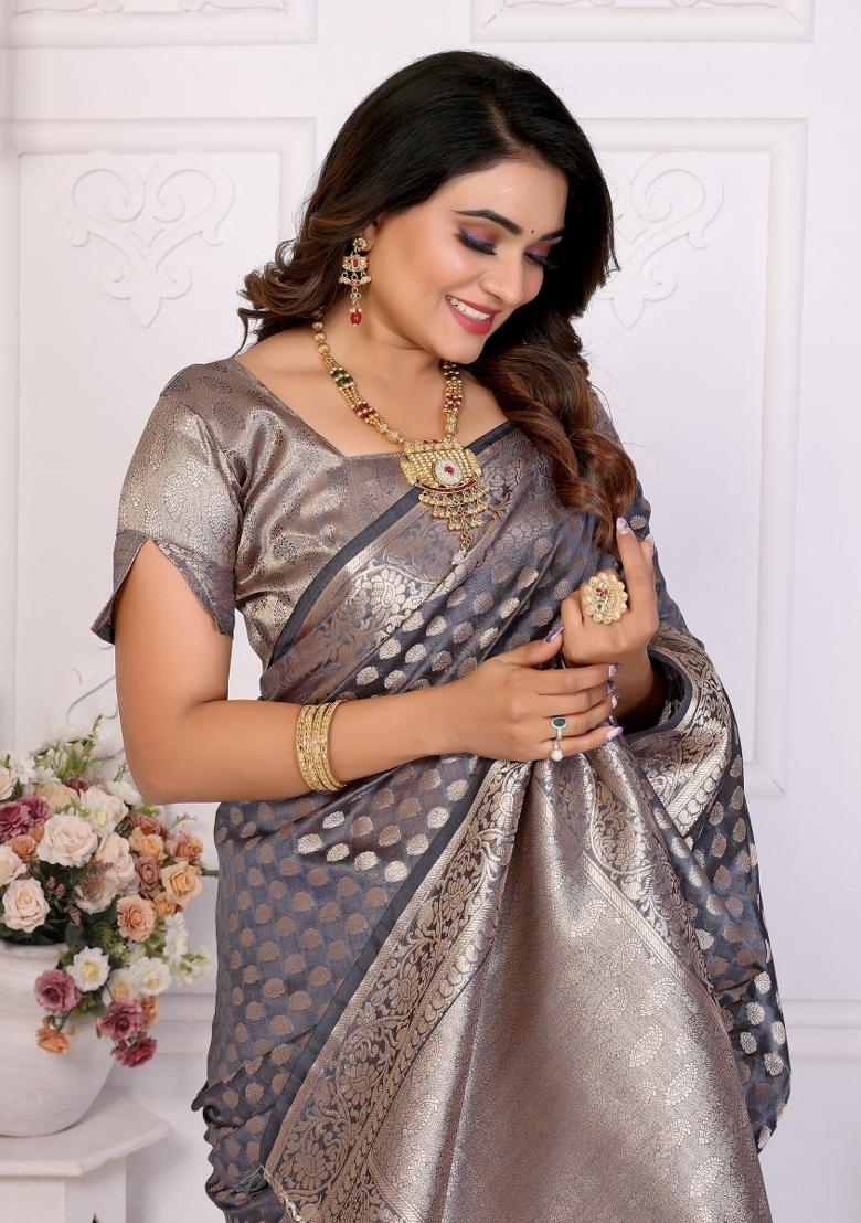 Grey Blended Organza Saree Set - Indya
