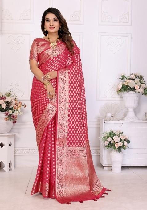 Red Blended Organza Saree Set