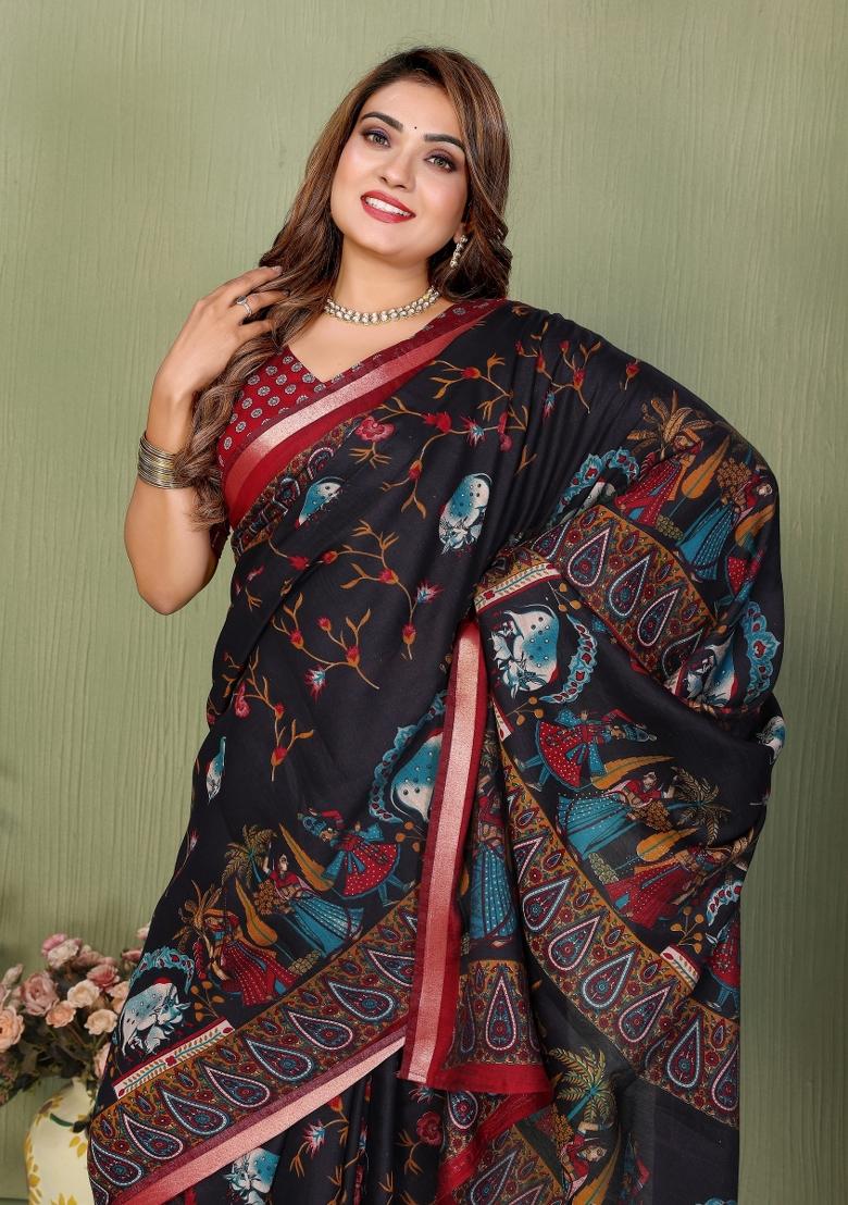 Black Printed Cotton Saree Set - Indya