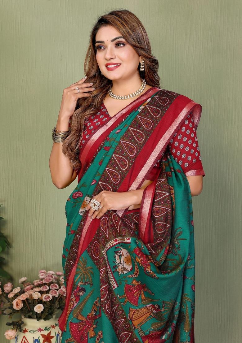 Green Printed Cotton Saree Set - Indya