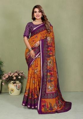 Mustard Printed Cotton Saree Set