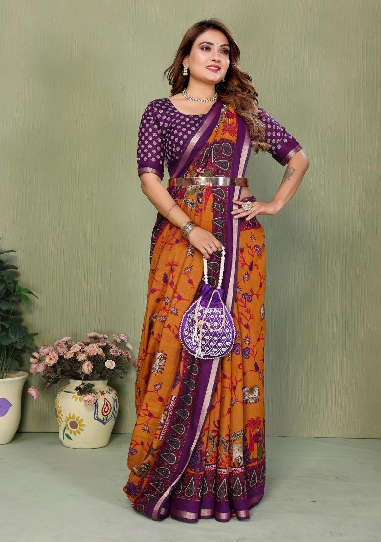 Mustard Printed Cotton Saree Set - Indya