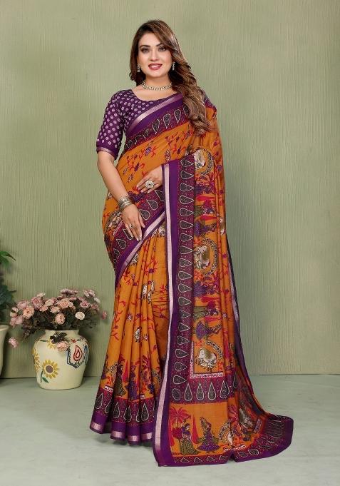 Mustard Printed Cotton Saree Set