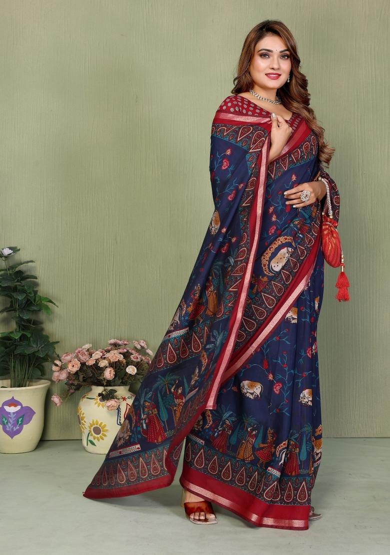 Navy Blue Printed Cotton Saree Set - Indya