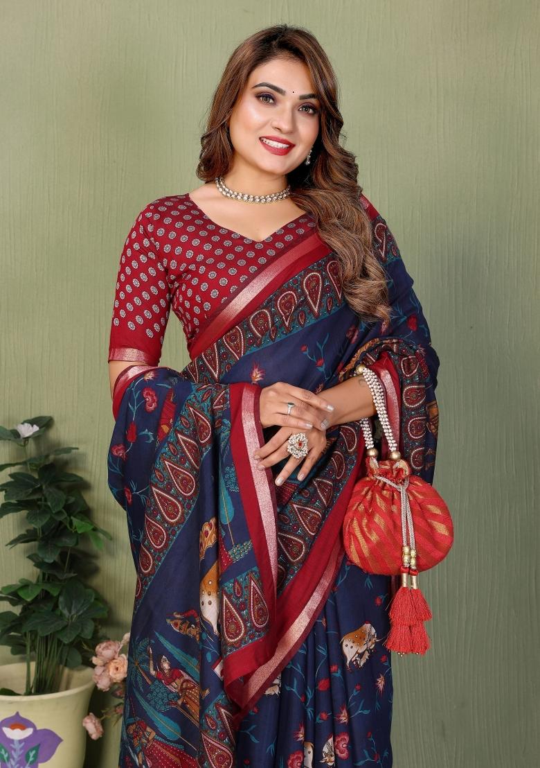 Navy Blue Printed Cotton Saree Set - Indya