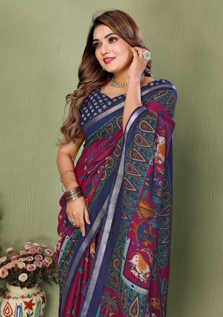 Purple Printed Cotton Saree Set - Indya