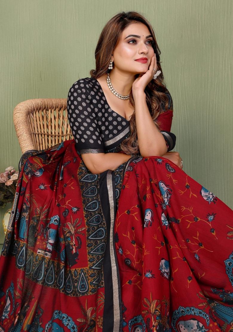 Red Printed Cotton Saree Set - Indya