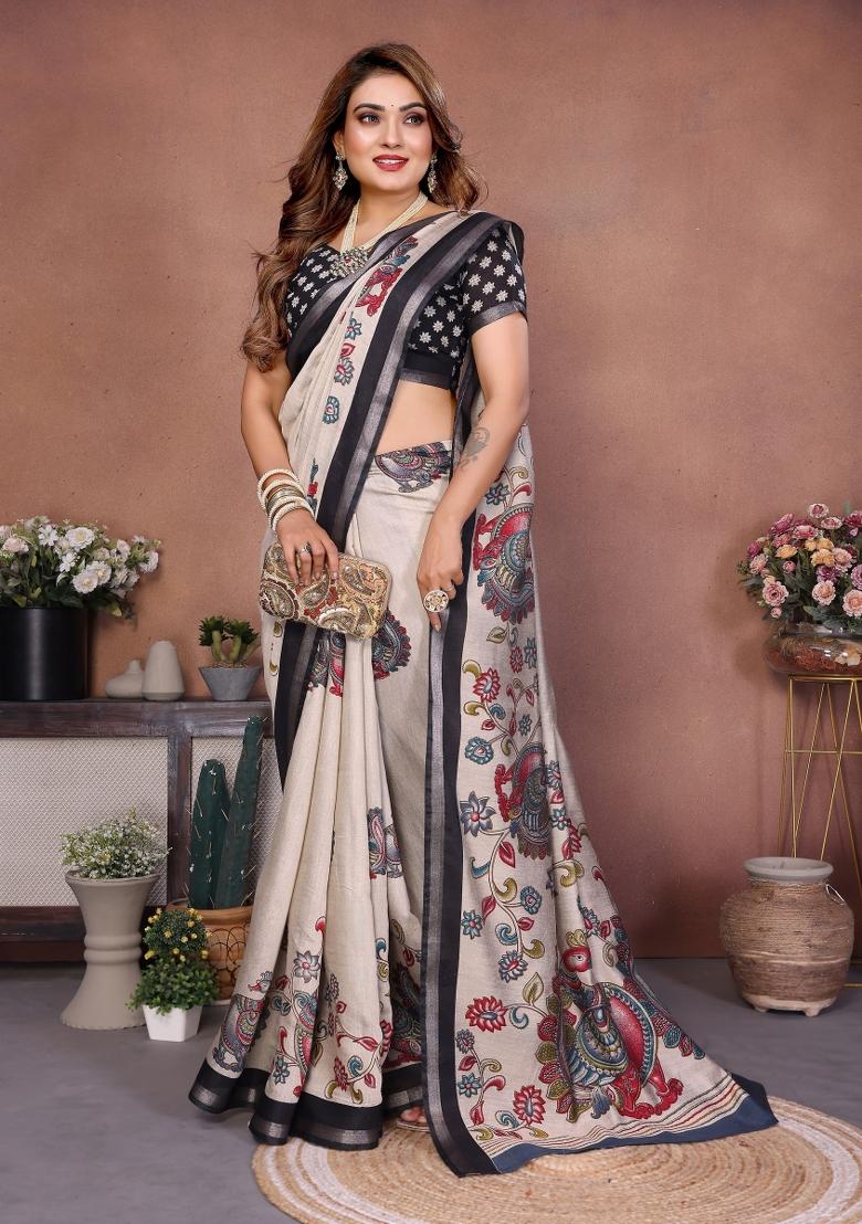 Beige Printed Cotton Saree Set - Indya