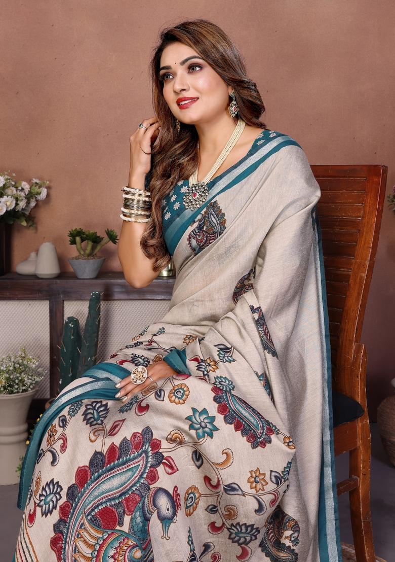 Beige Printed Cotton Saree Set - Indya