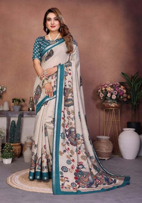 Beige Printed Cotton Saree Set