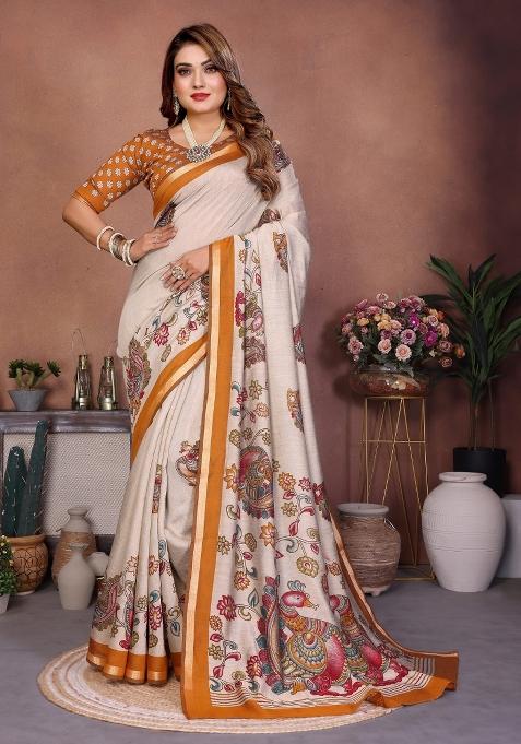 Beige Printed Cotton Saree Set