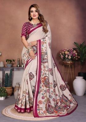 Beige Printed Cotton Saree Set