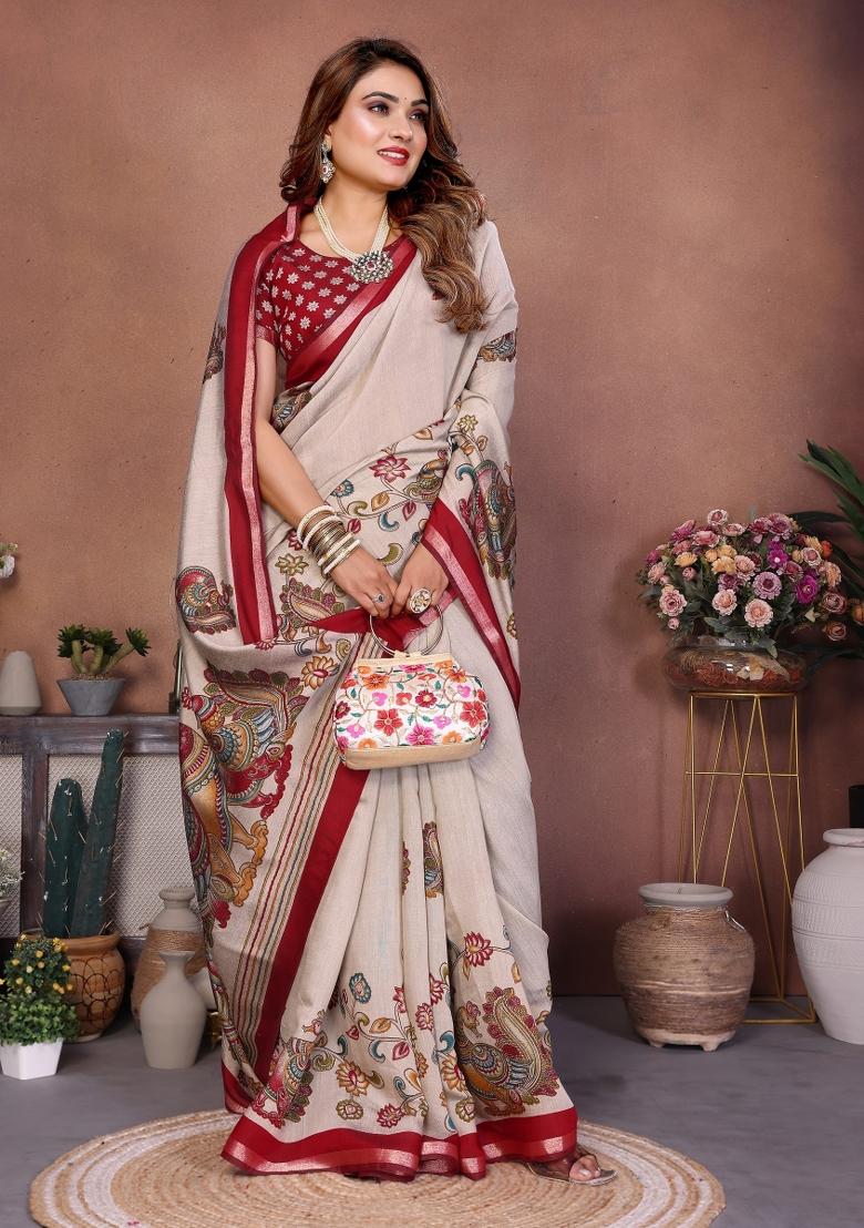 Beige Printed Cotton Saree Set - Indya
