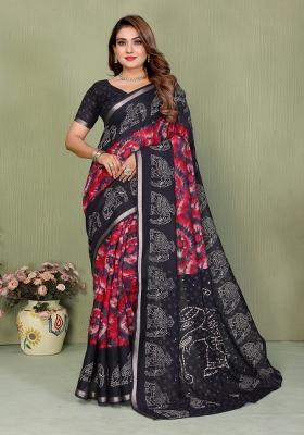 Black Printed Cotton Saree Set