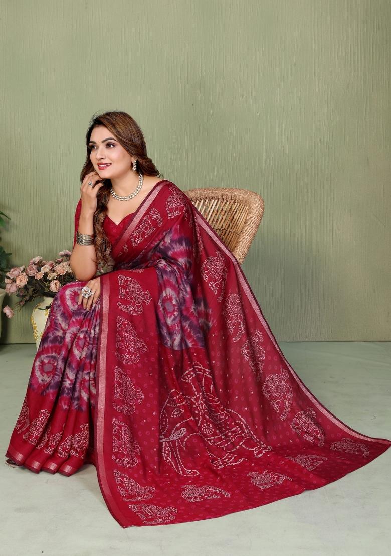 Maroon Printed Cotton Saree Set - Indya