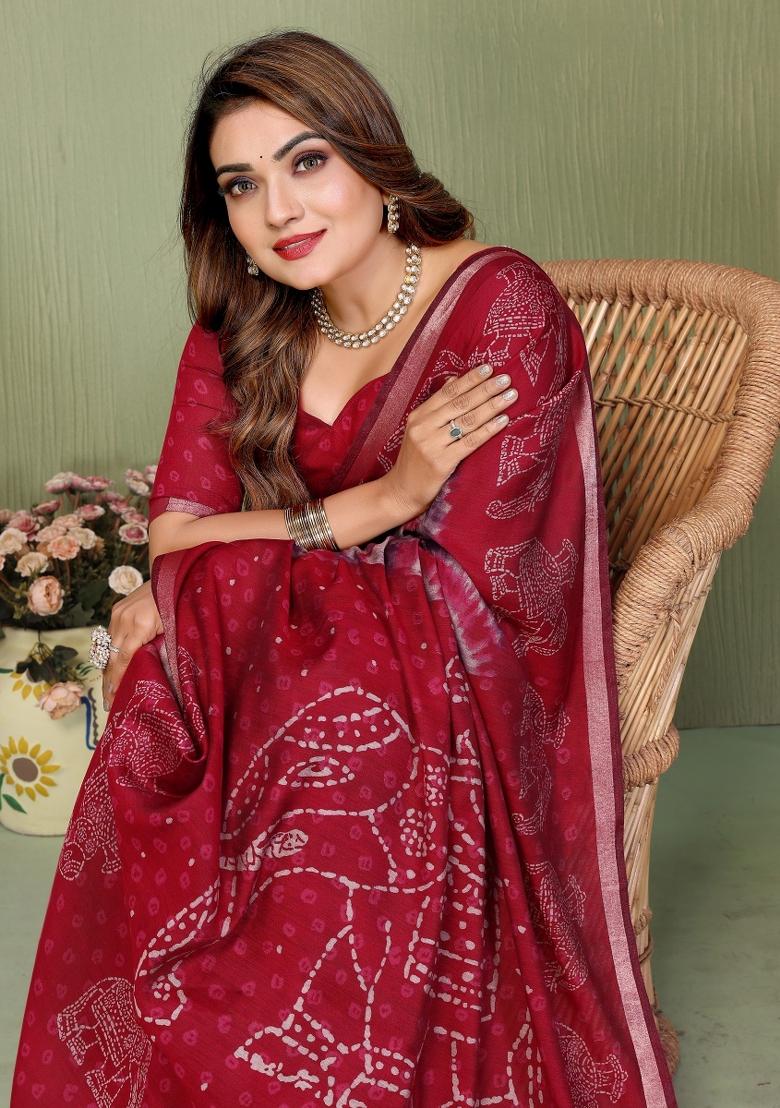 Maroon Printed Cotton Saree Set - Indya