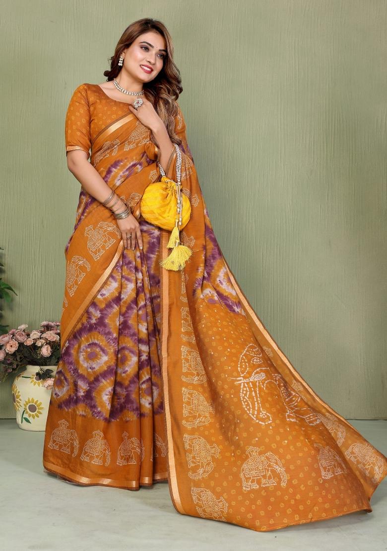 Mustard Printed Cotton Saree Set - Indya