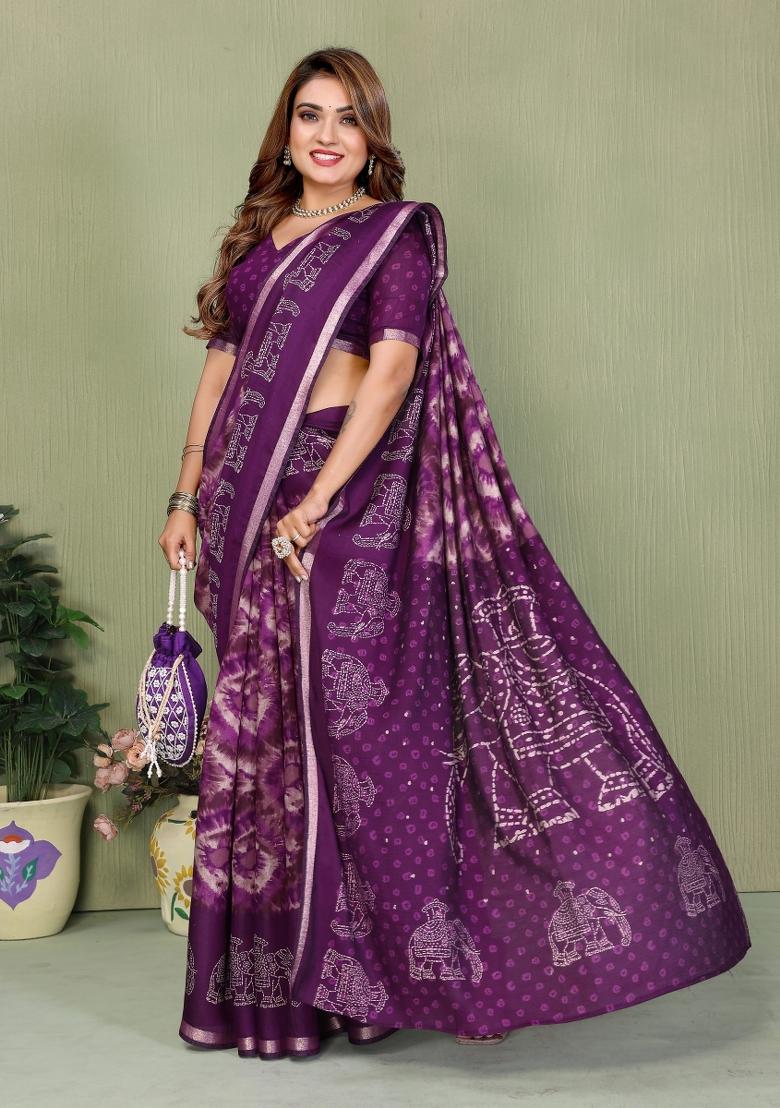 Purple Printed Cotton Saree Set - Indya