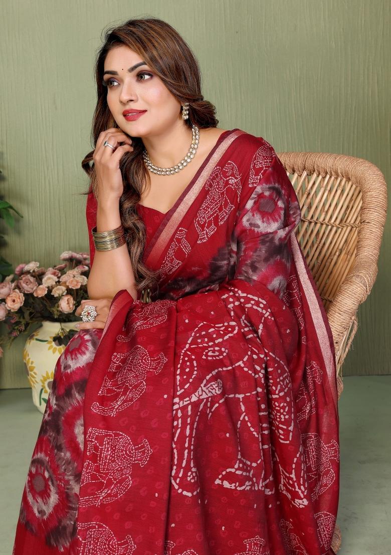 Red Printed Cotton Saree Set - Indya