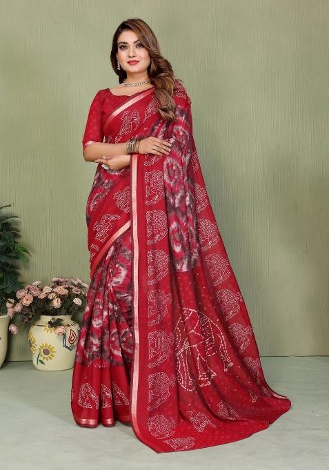 Red Printed Cotton Saree Set