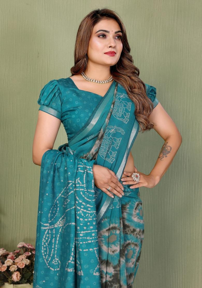 Blue Printed Cotton Saree Set - Indya