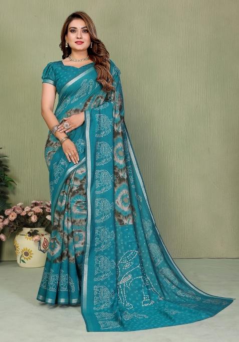 Blue Printed Cotton Saree Set