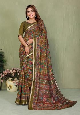 Green Printed Cotton Saree Set