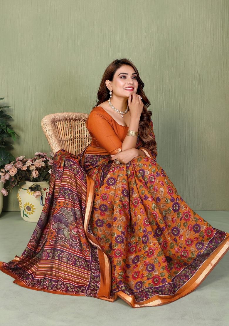 Mustard Printed Cotton Saree Set - Indya