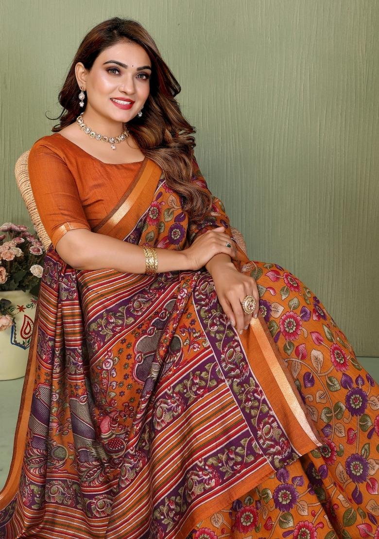 Mustard Printed Cotton Saree Set - Indya