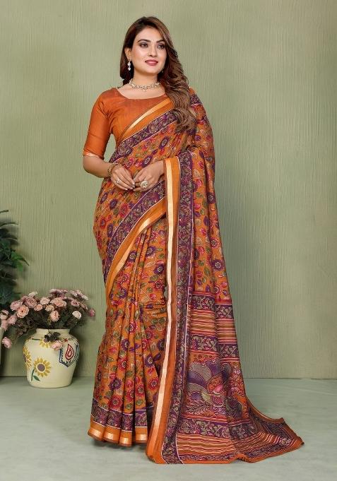 Mustard Printed Cotton Saree Set