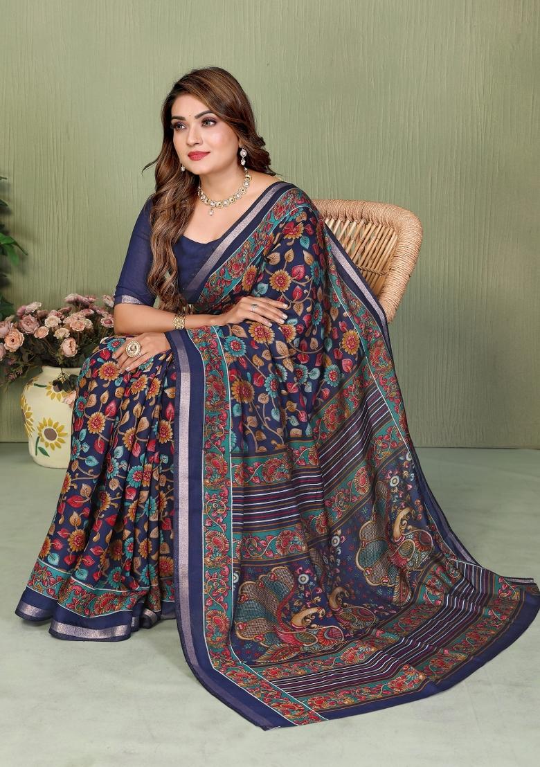 Navy Blue Printed Cotton Saree Set - Indya