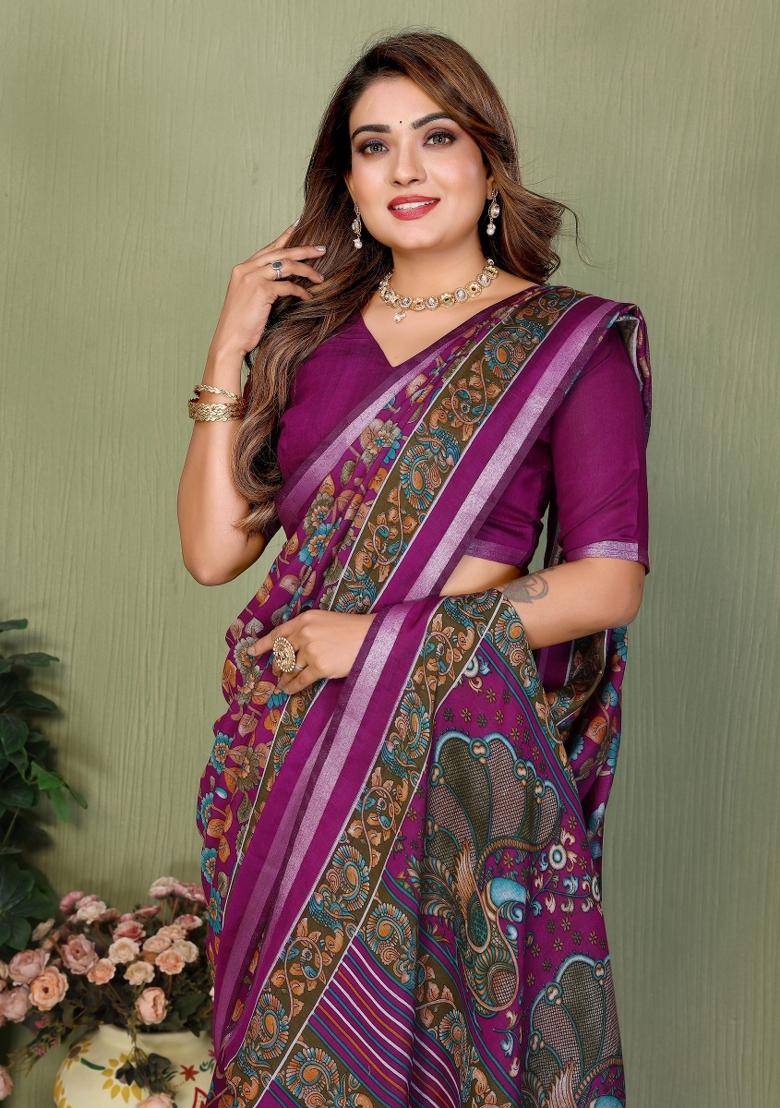 Purple Printed Cotton Saree Set - Indya