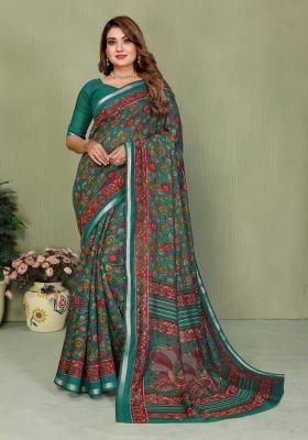 Teal Printed Cotton Saree Set