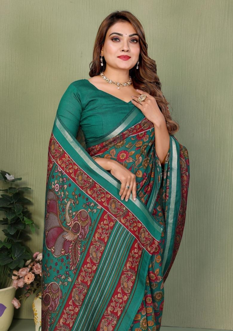 Teal Printed Cotton Saree Set - Indya