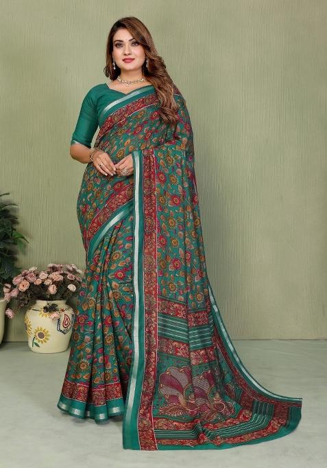 Teal Printed Cotton Saree Set